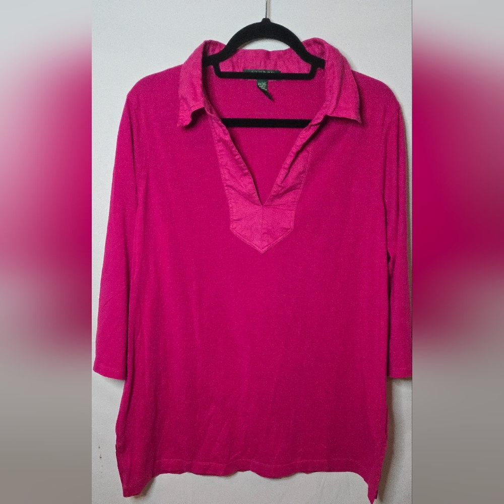 Lauren Ralph Lauren Women's 2X Pink Magenta Pullover Collared Tunic Shirt